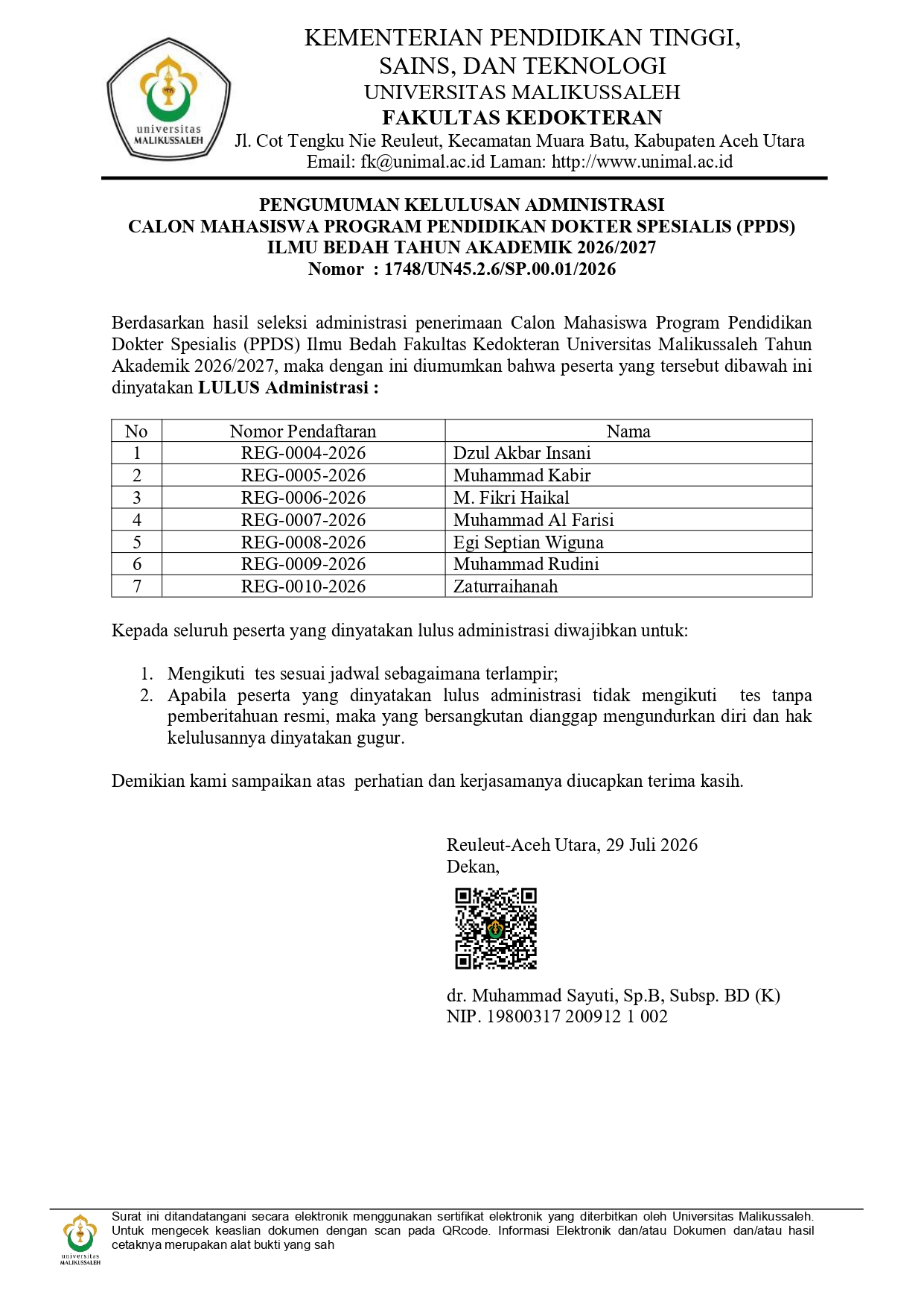 Pengumuman Kelulusan Administrasi Calon Mahasiswa PPDS Ilmu Bedah page 0001